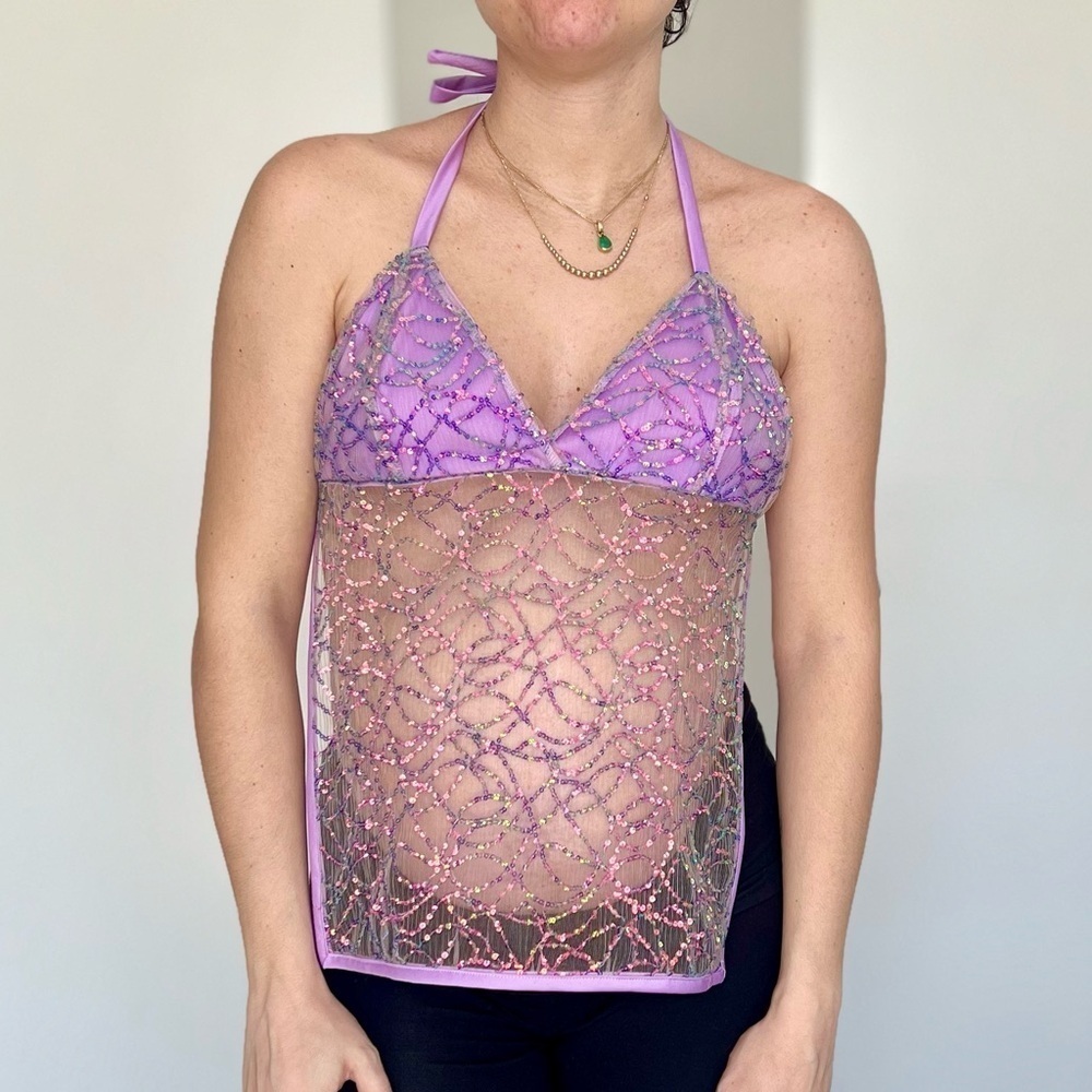 Handmade Y2K Fairycore Mermaid
Embellished Halter Babydoll Vest Top - Purple